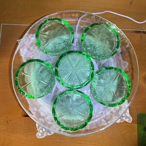 Hazel-Atlas Green Coasters with Rayed Center Vintage set of 6 - PRETTY & RARE